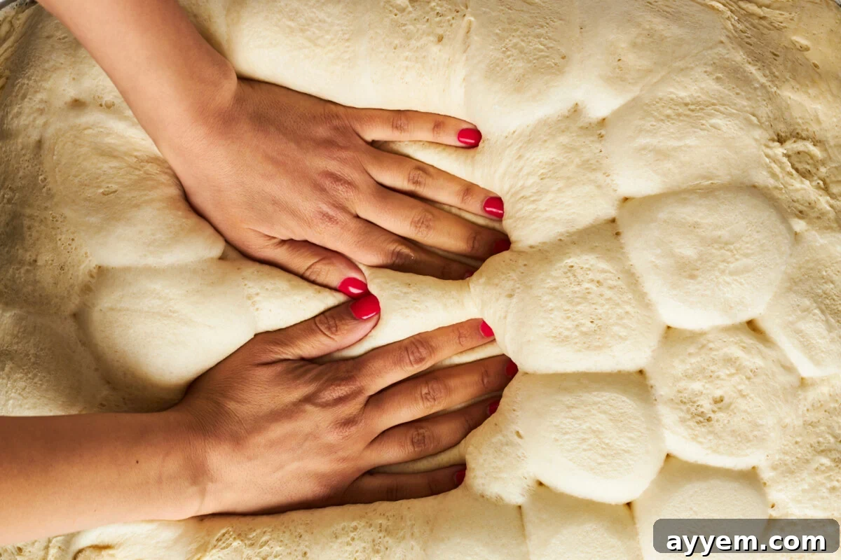 Hands pressing down risen dinner rolls on a baking sheet, with olive oil, oregano, and salt.