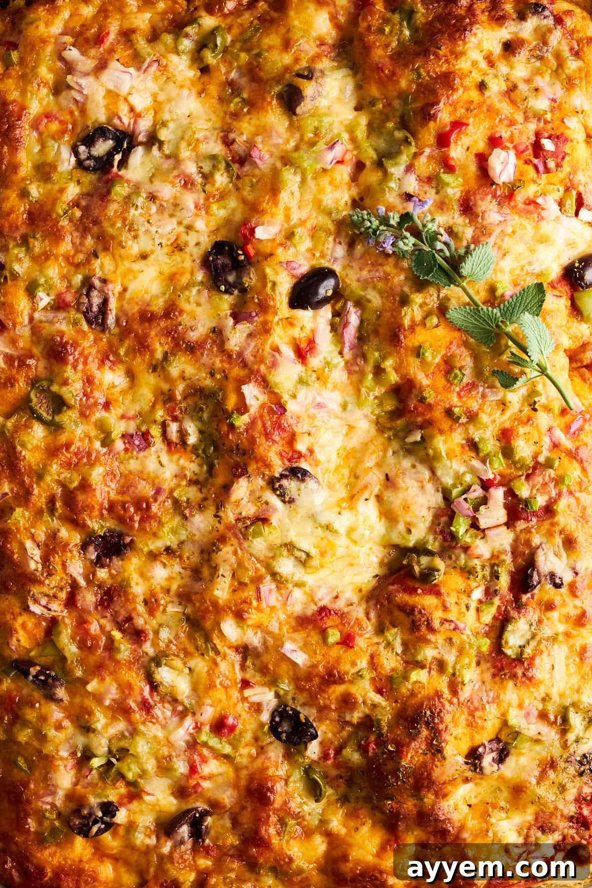 Freshly baked sheet pan pizza, golden brown with melted, bubbly cheese.