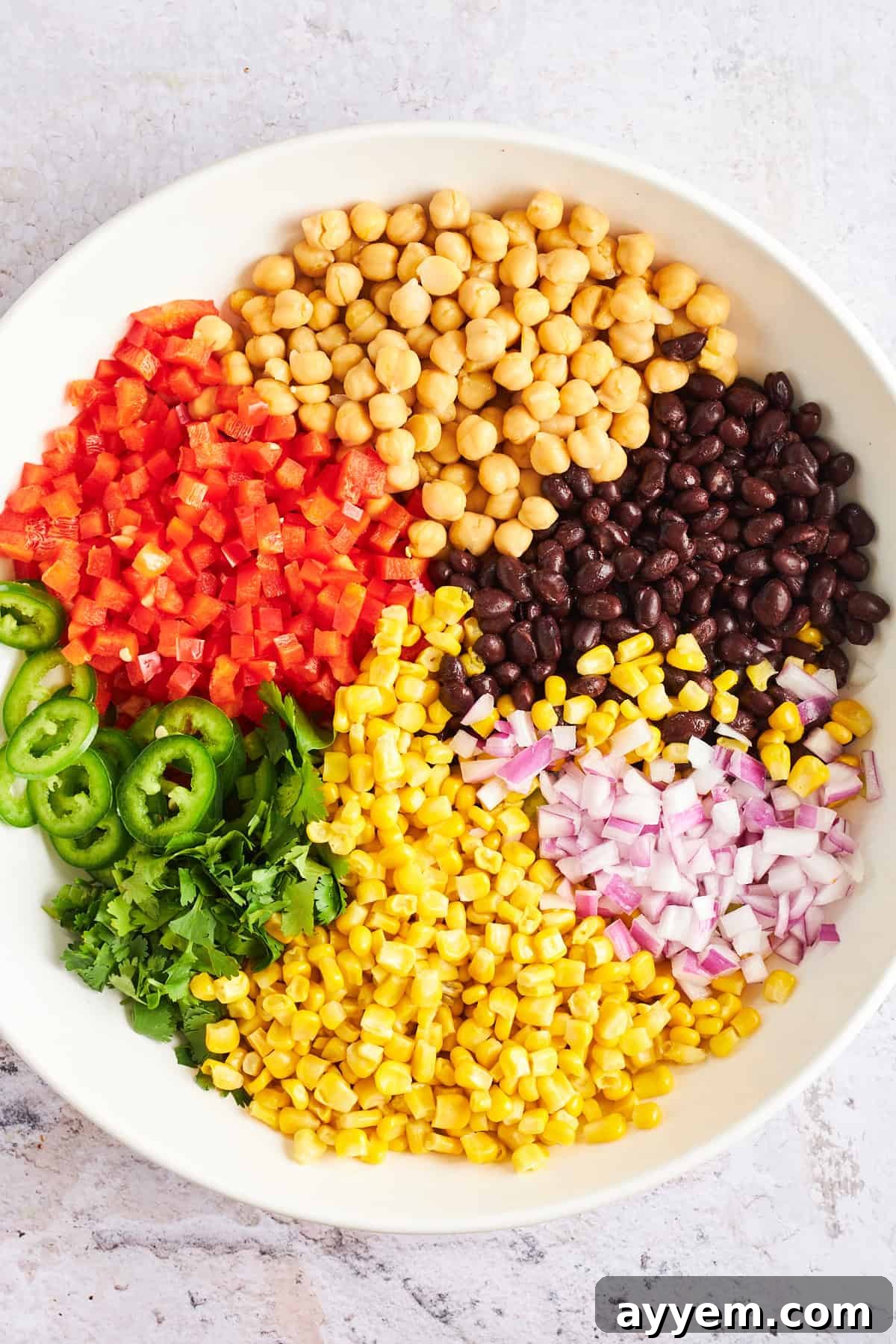 Southwest Sweet Heat Black Bean Corn Salad 3 A bowl showcasing colorful ingredients for black bean and corn salad: diced red pepper, chickpeas, black beans, red onion, corn, cilantro, and jalapeño.