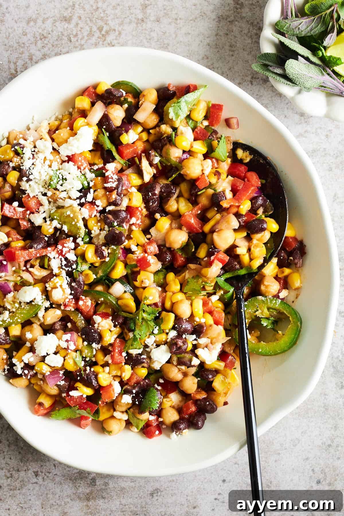 Southwest Sweet Heat Black Bean Corn Salad 4 A close-up of a bowl of Black Bean and Corn Salad with Sweet and Spicy Dressing, with a spoon ready for serving.
