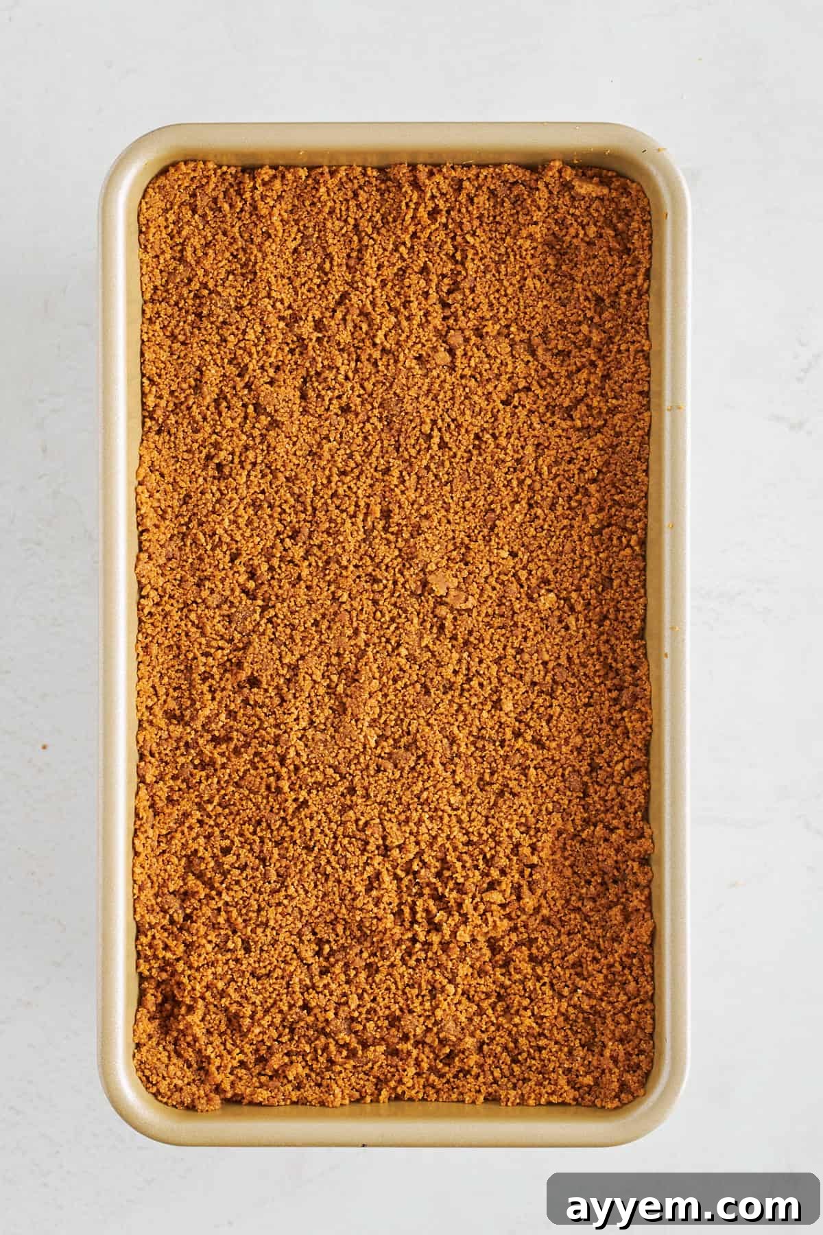 A Biscoff cookie crust covering an upside-down cheesecake.