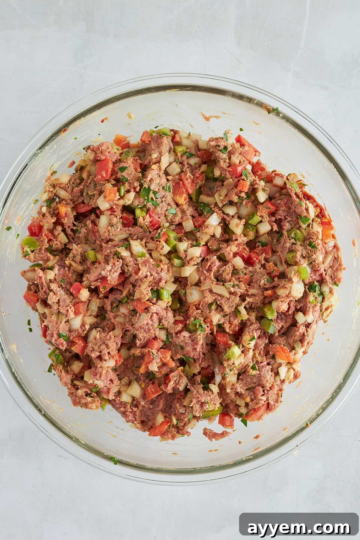 The spiced Hawawshi filling in a bowl, ready to be stuffed.