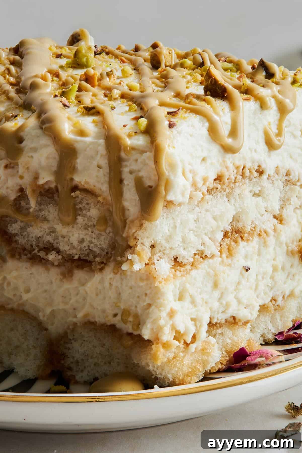 A close-up view of a slice of pistachio tiramisu, highlighting the lush green hue of the cream and the speckled texture of crushed pistachios on top, ready for a decadent bite.