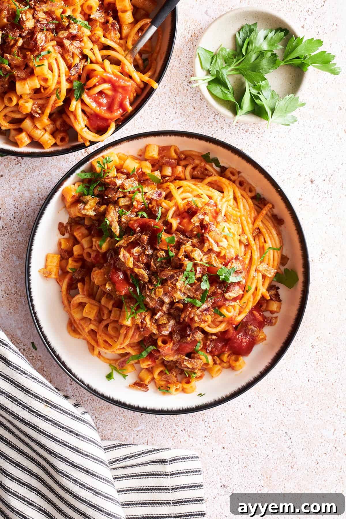 Overhead image of two beautifully presented bowls of Koshary Inspired Egyptian Pasta, adorned with fried onions.