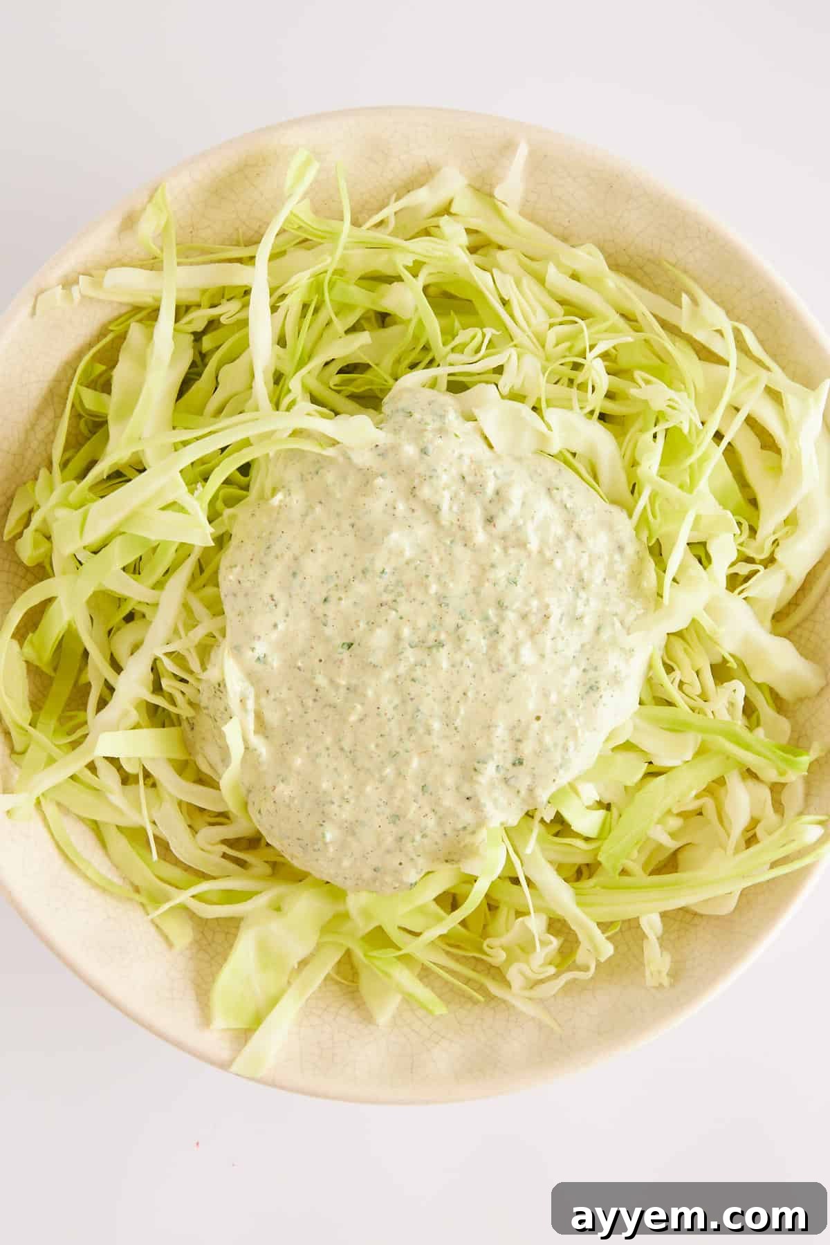 Shredded cabbage in a bowl, freshly drizzled with the creamy slaw dressing.