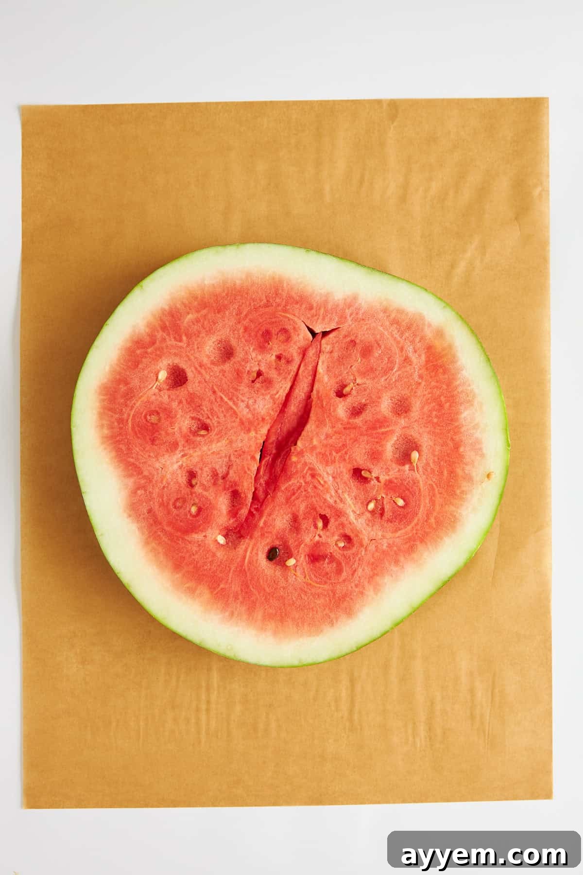 A perfectly round slice of fresh watermelon, ready to be transformed into a pizza base.