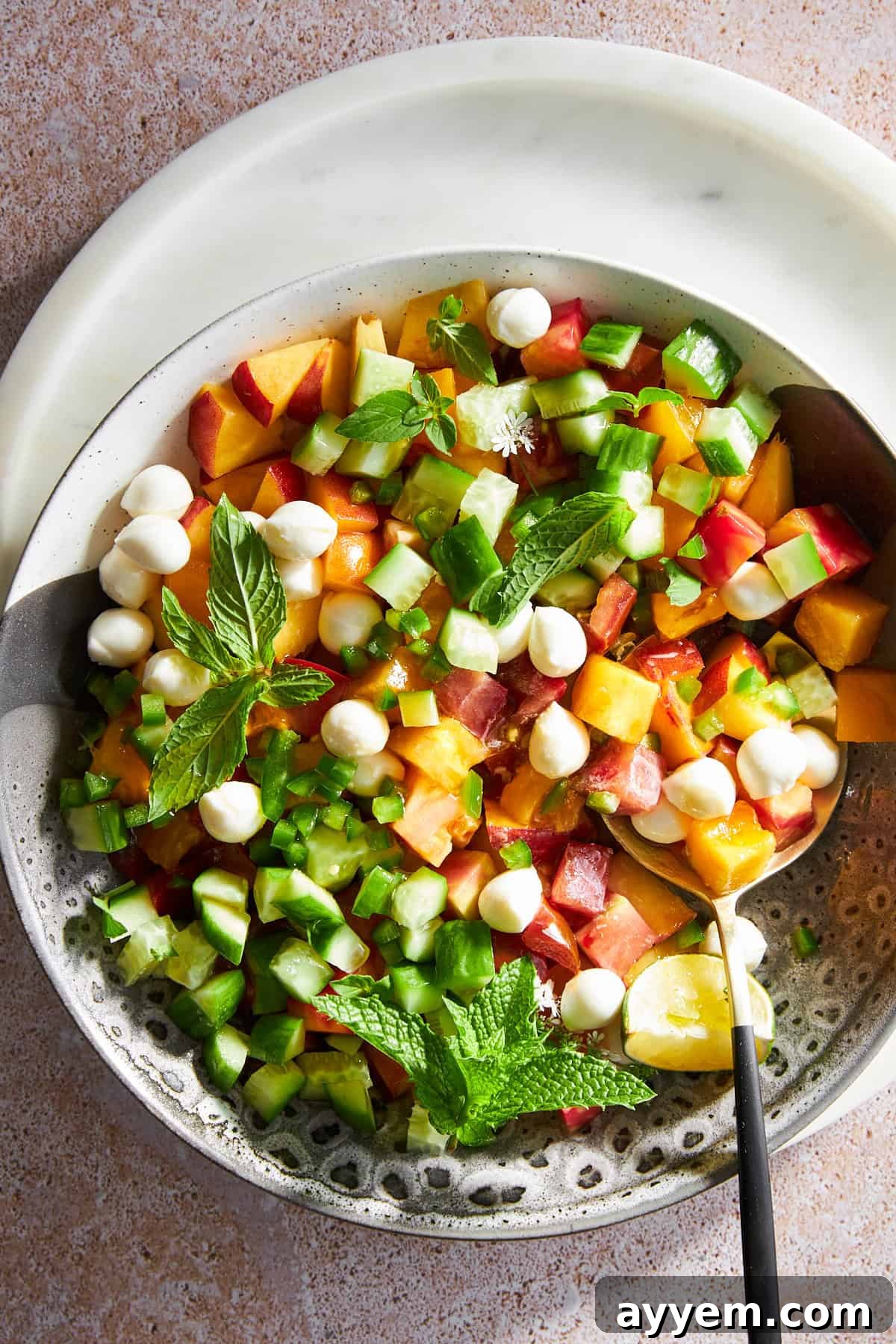 A beautifully arranged bowl of fresh peach salad with small mozzarella pearls, vibrant heirloom tomatoes, green basil leaves, and a light dressing.