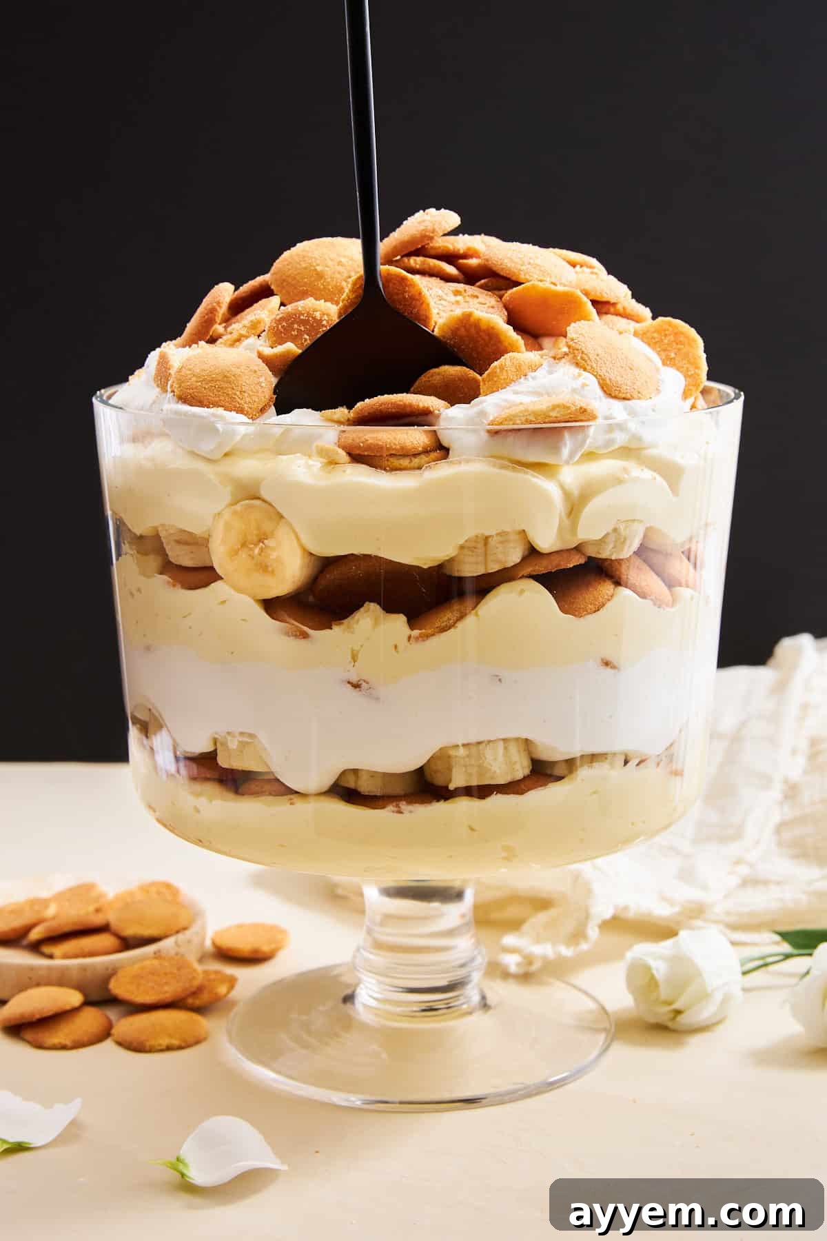 A trifle bowl of banana pudding, showcasing its creamy layers and delicious appeal.