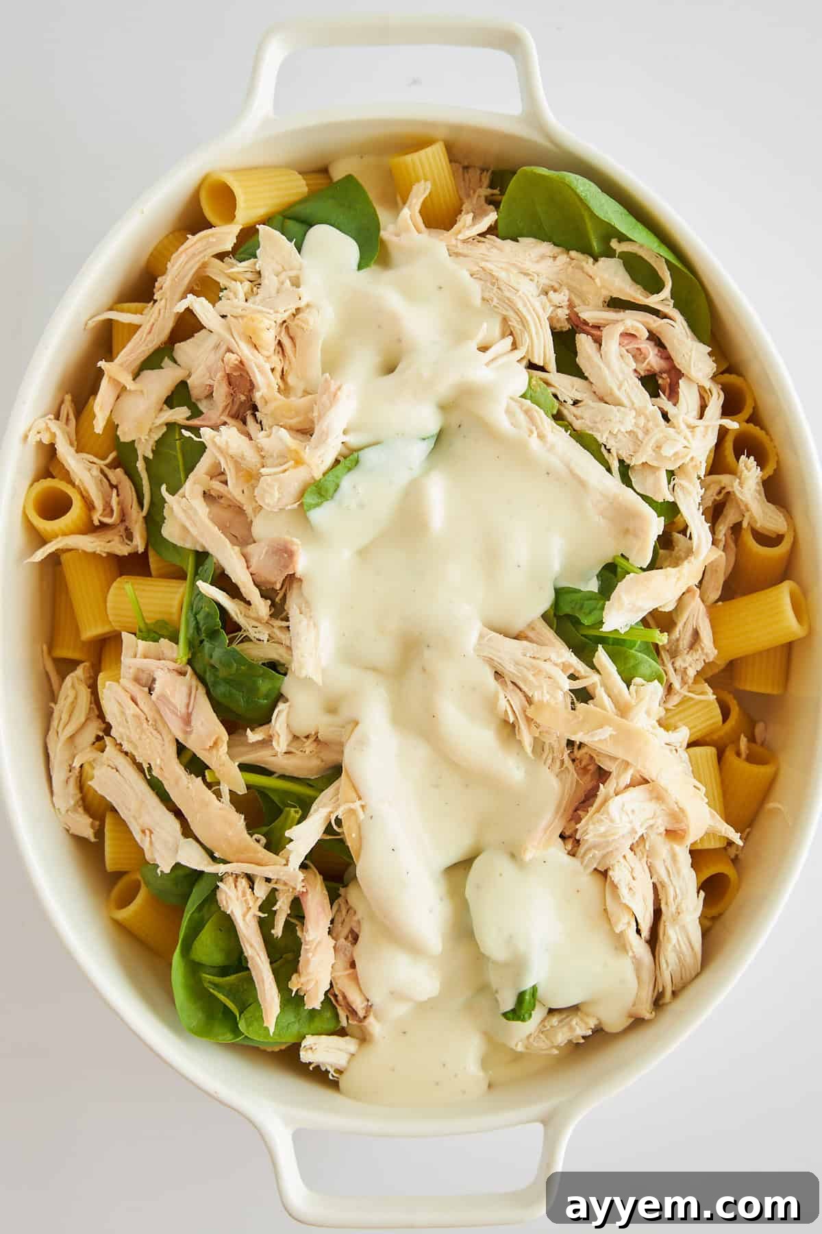 Cooked pasta, shredded chicken, and fresh spinach tossed together in a baking dish, preparing for the sauce.