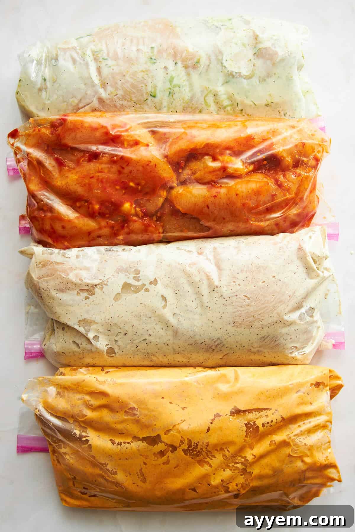 Four bags of chicken marinating in different flavors, showcasing the variety of Mediterranean chicken marinade recipes.