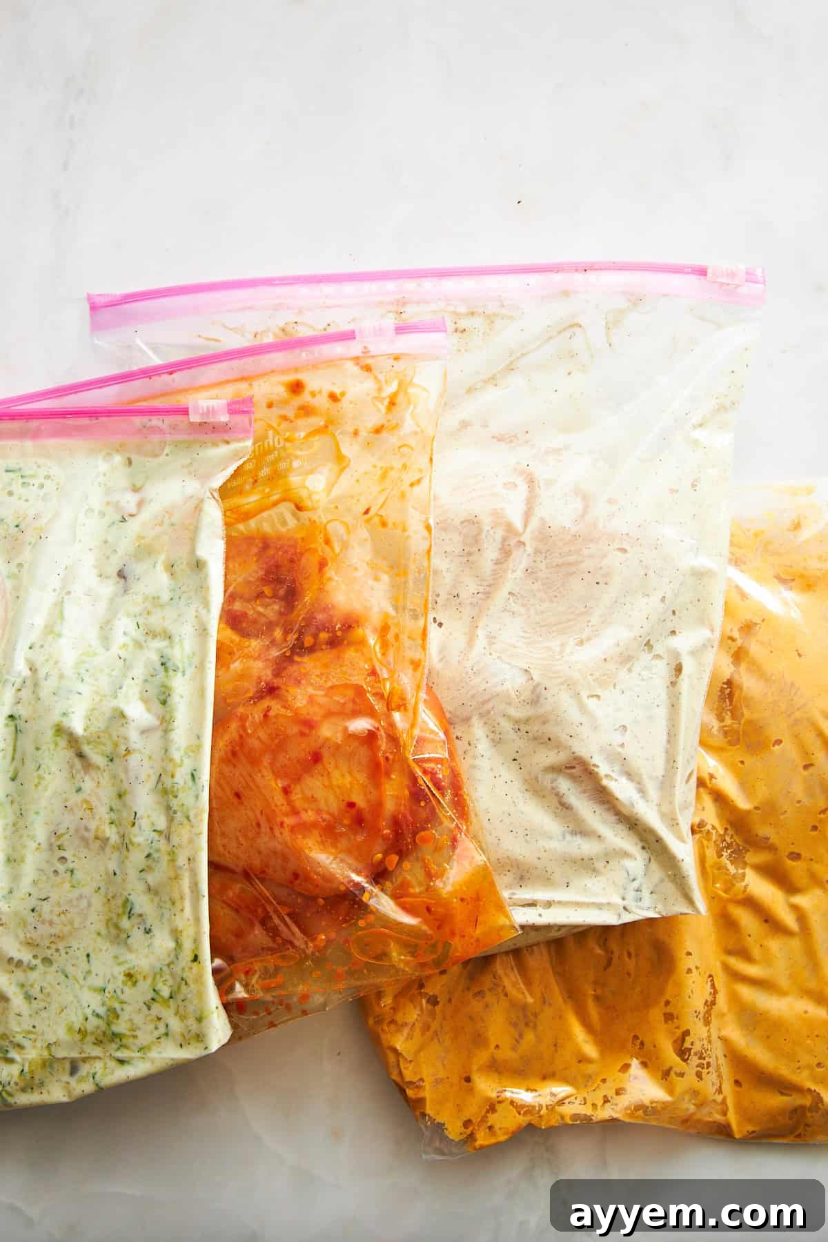 Four chicken marinades in clear plastic bags, lined up and ready for cooking.