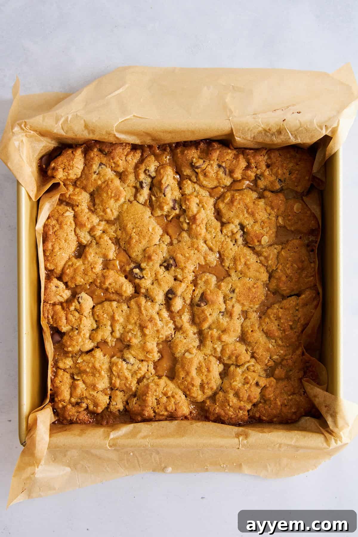Homemade caramelitas in a baking dish.