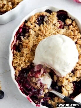 Overhead image of a mixed berry crisp topped with ice cream, with a spoon taking a scoop, showcasing the vibrant fruit medley and crunchy oat topping.