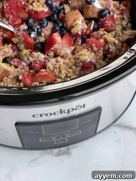 Slow cooker summer berry cobbler, featuring ripe, vibrant berries mixed with soft pound cake pieces, cooked to perfection in a slow cooker for an easy, hands-off dessert.