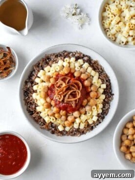 Overhead view of a large bowl of Koshary, topped with crispy fried onions, tangy tomato sauce, and garbanzo beans, with additional ingredients scattered around