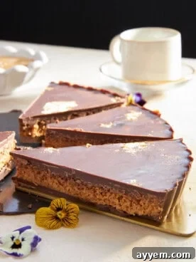 Three decadent slices of chocolate peanut butter kunafa, showcasing its crispy layers and rich filling.