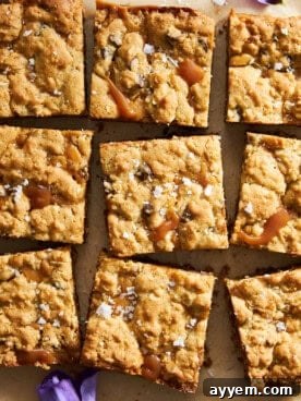 Sliced caramel chocolate chip bars.