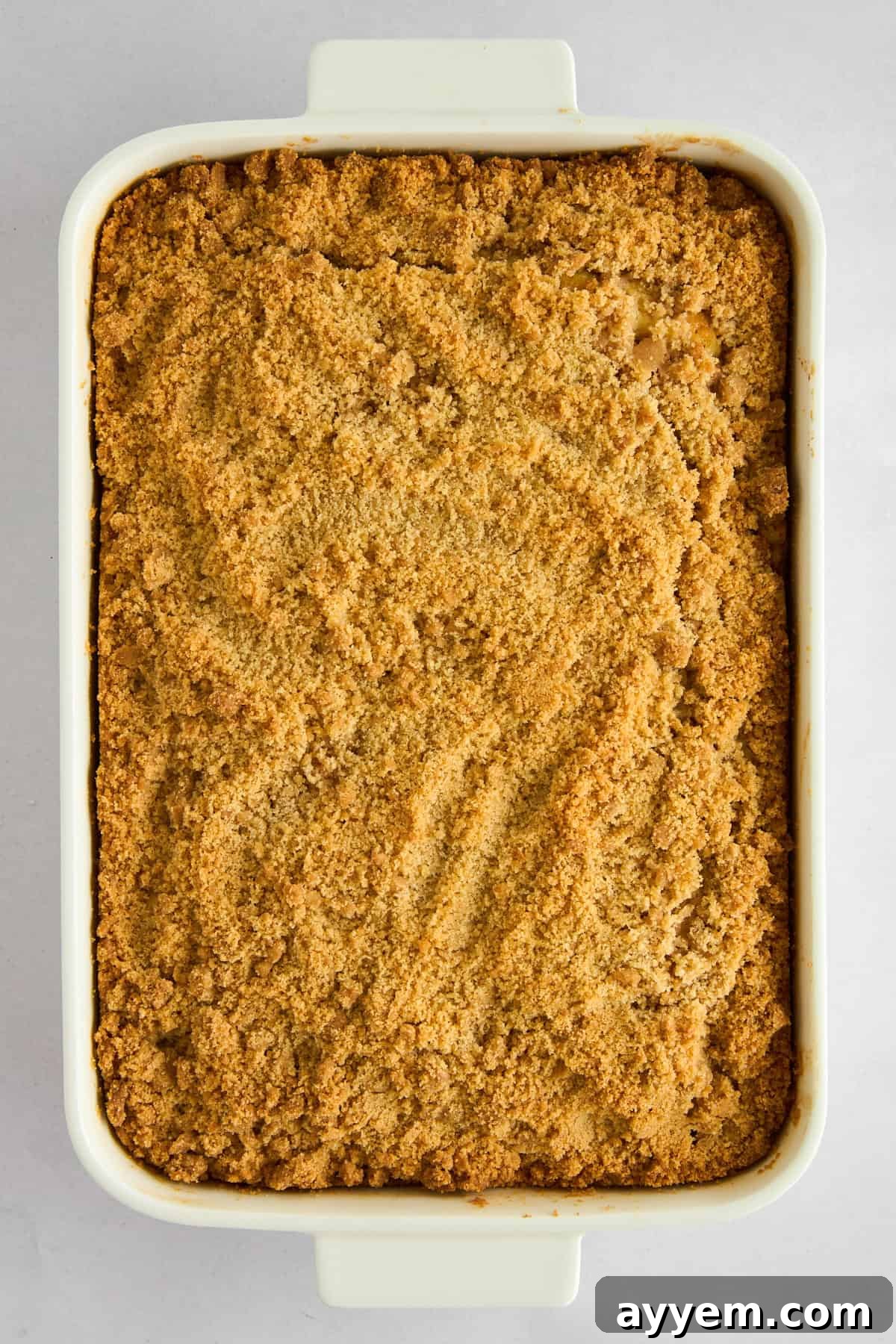 Overhead image of an apple crumb cake in a baking dish, freshly baked and golden brown.