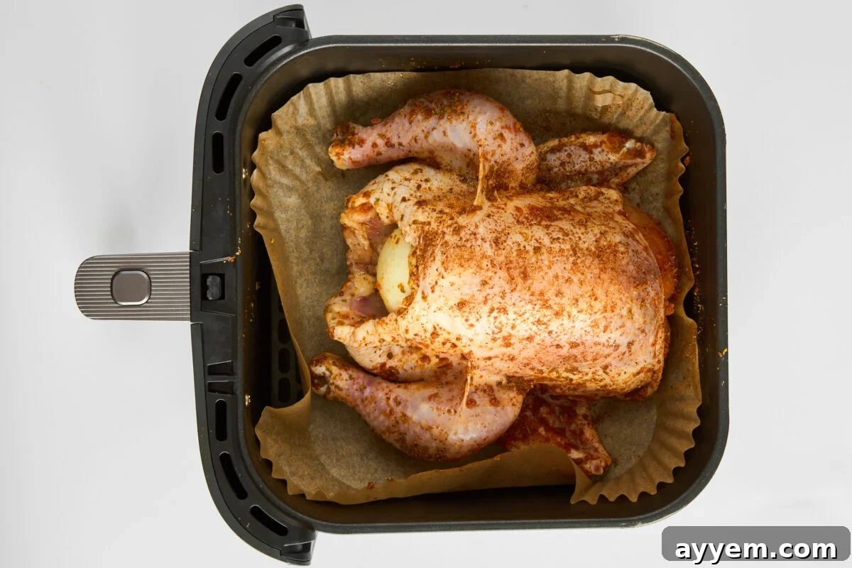 A raw whole chicken placed breast-side down in an air fryer basket.