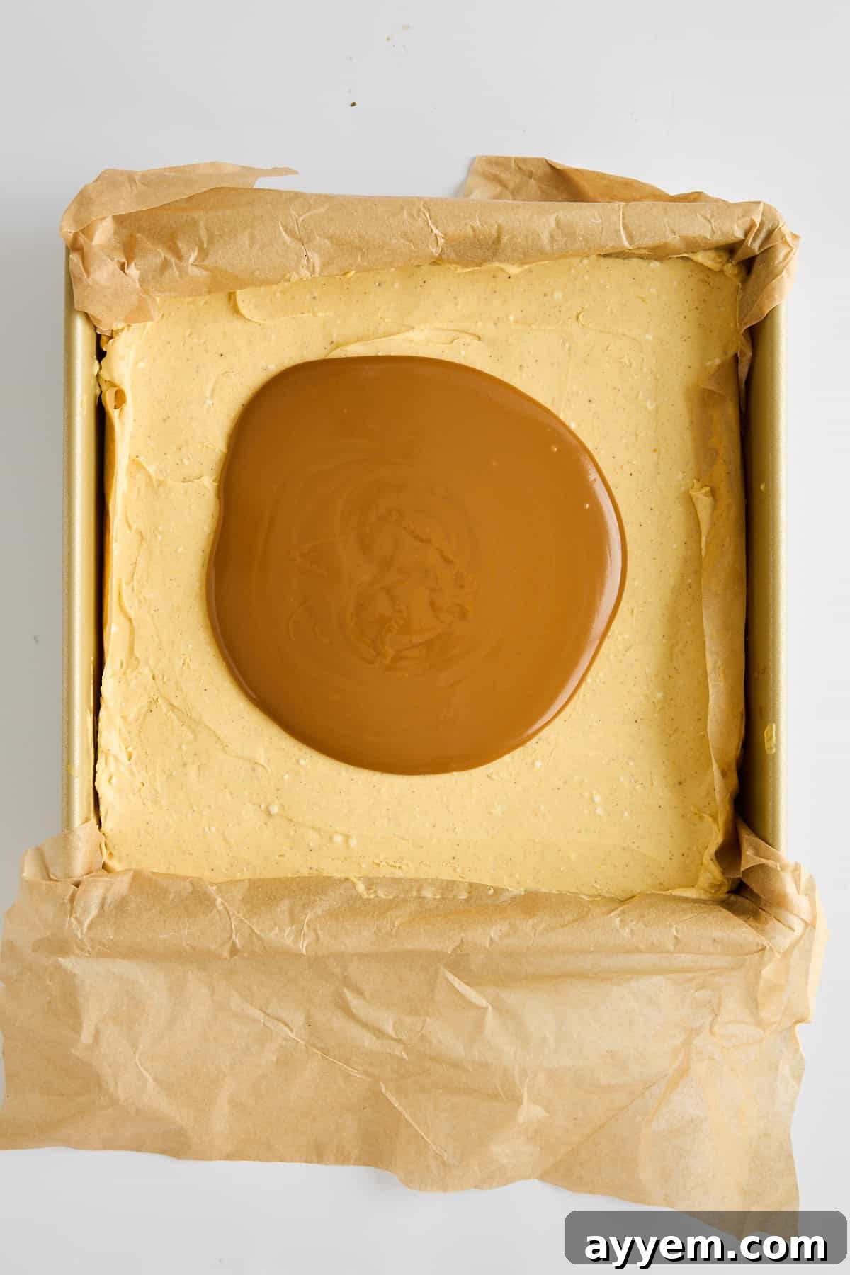 Easy Fall Pumpkin Cheesecake Squares 4 Melted Biscoff butter on top of no-bake pumpkin cheesecake bars.
