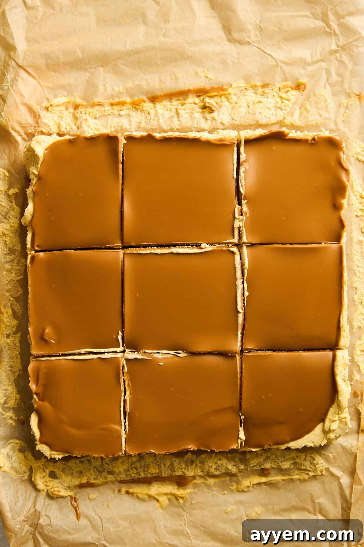 Easy Fall Pumpkin Cheesecake Squares 6 No-bake pumpkin cheesecake bars sliced into nine pieces.