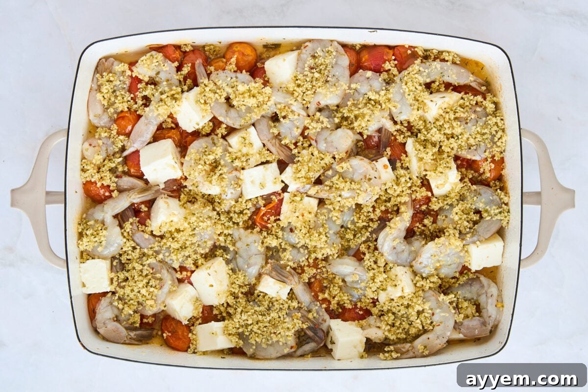 The Panko Shrimp and Feta Bake before baking, topped with breadcrumbs.