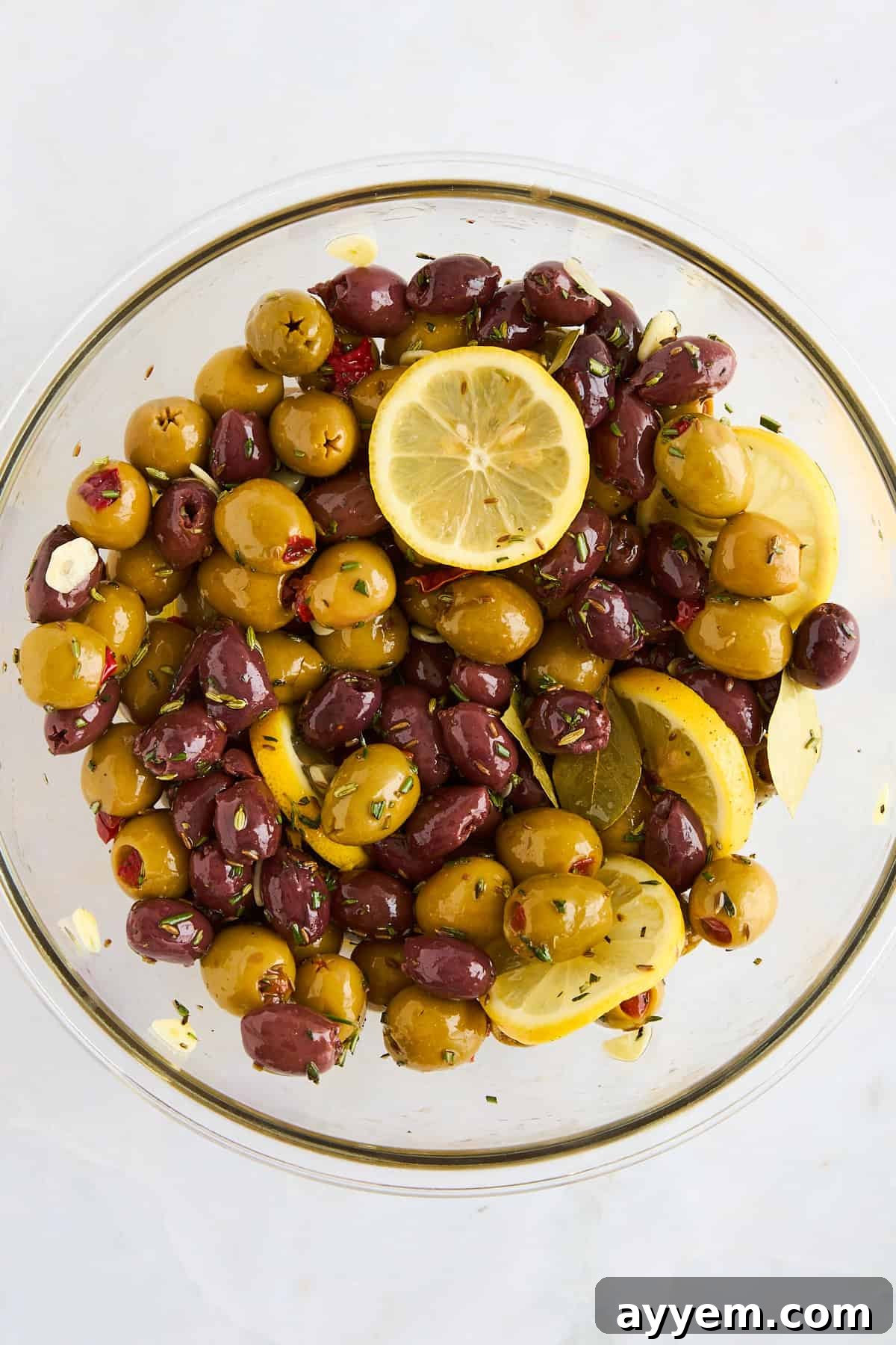 A beautiful bowl of homemade marinated olives, ready to be served.