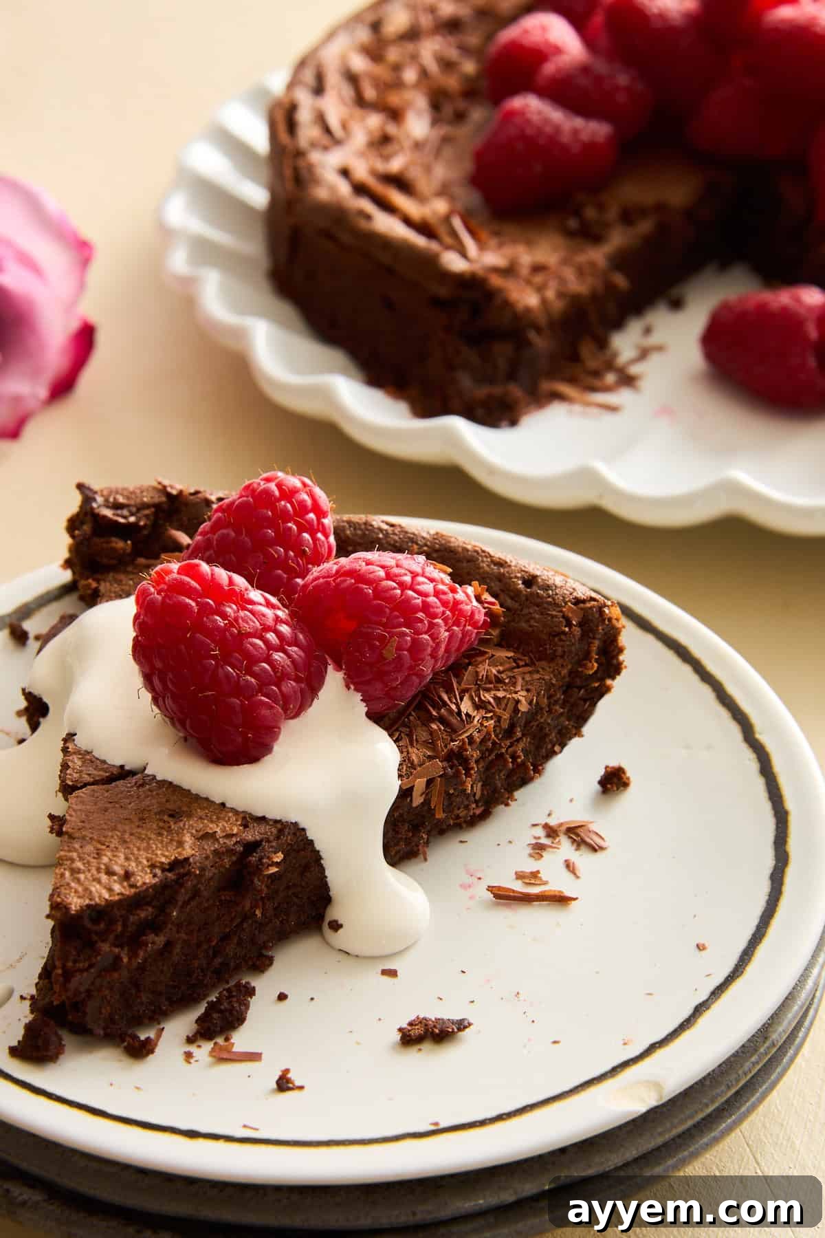 A perfectly cut slice of flourless chocolate cake, adorned with a dollop of whipped cream and garnished with fresh raspberries, presented on a white plate.