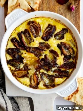 Eggs and dates in a round baking dish.