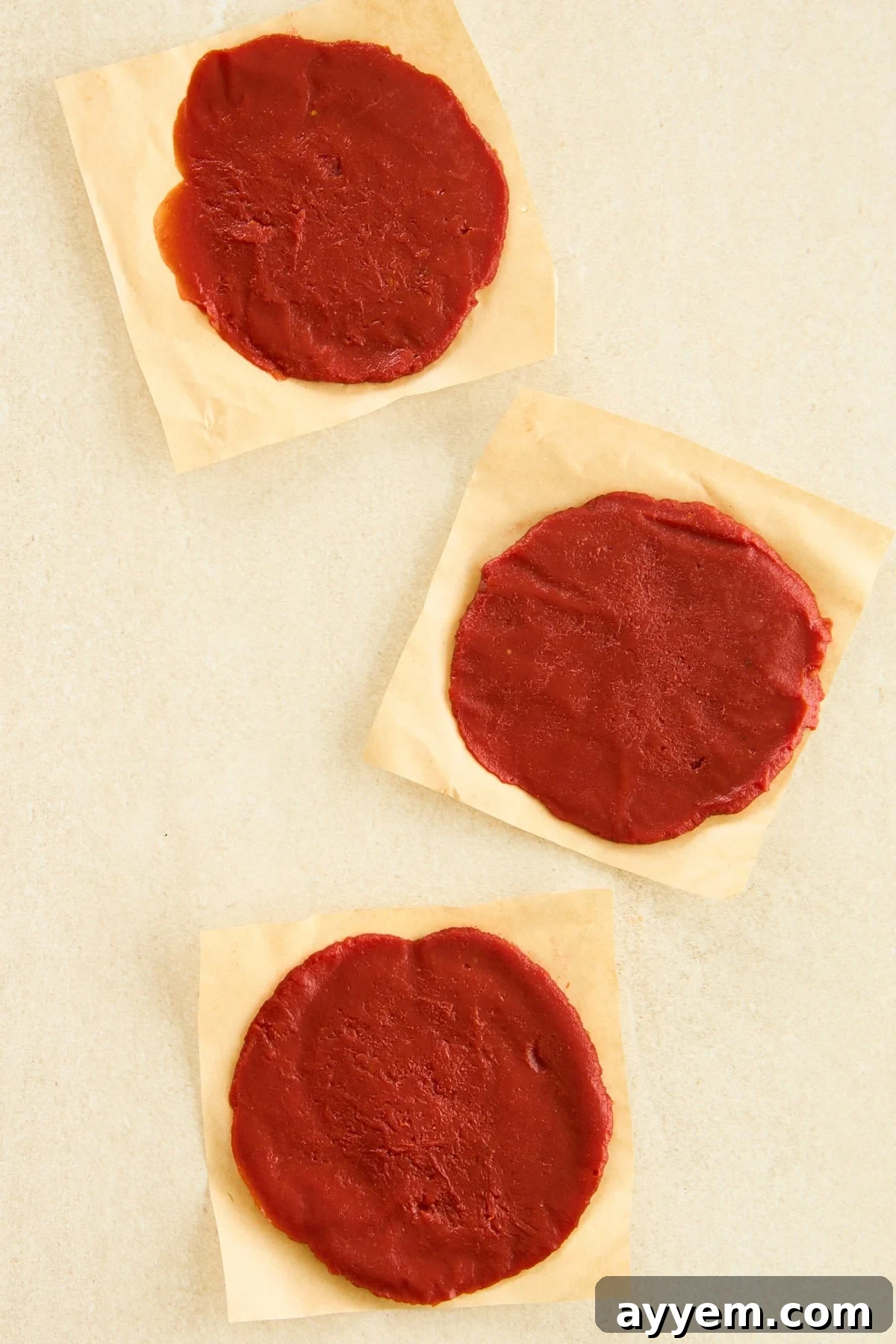 Three perfectly frozen tomato paste discs, each on its own parchment paper square, ready for long-term storage.