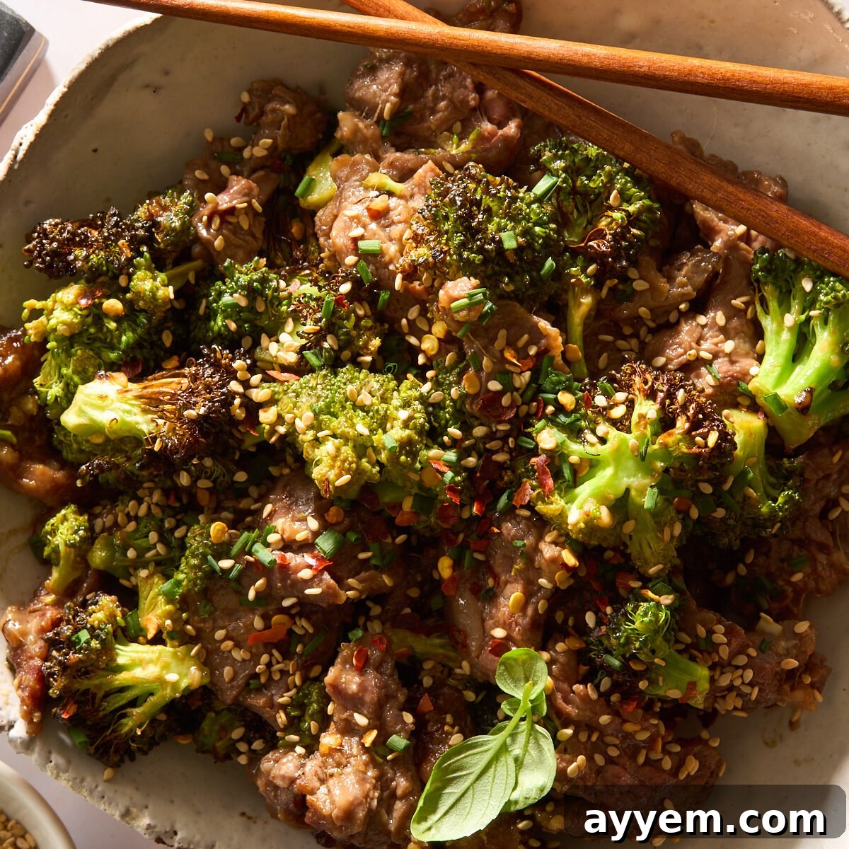 A bowl of air fryer beef and broccoli.