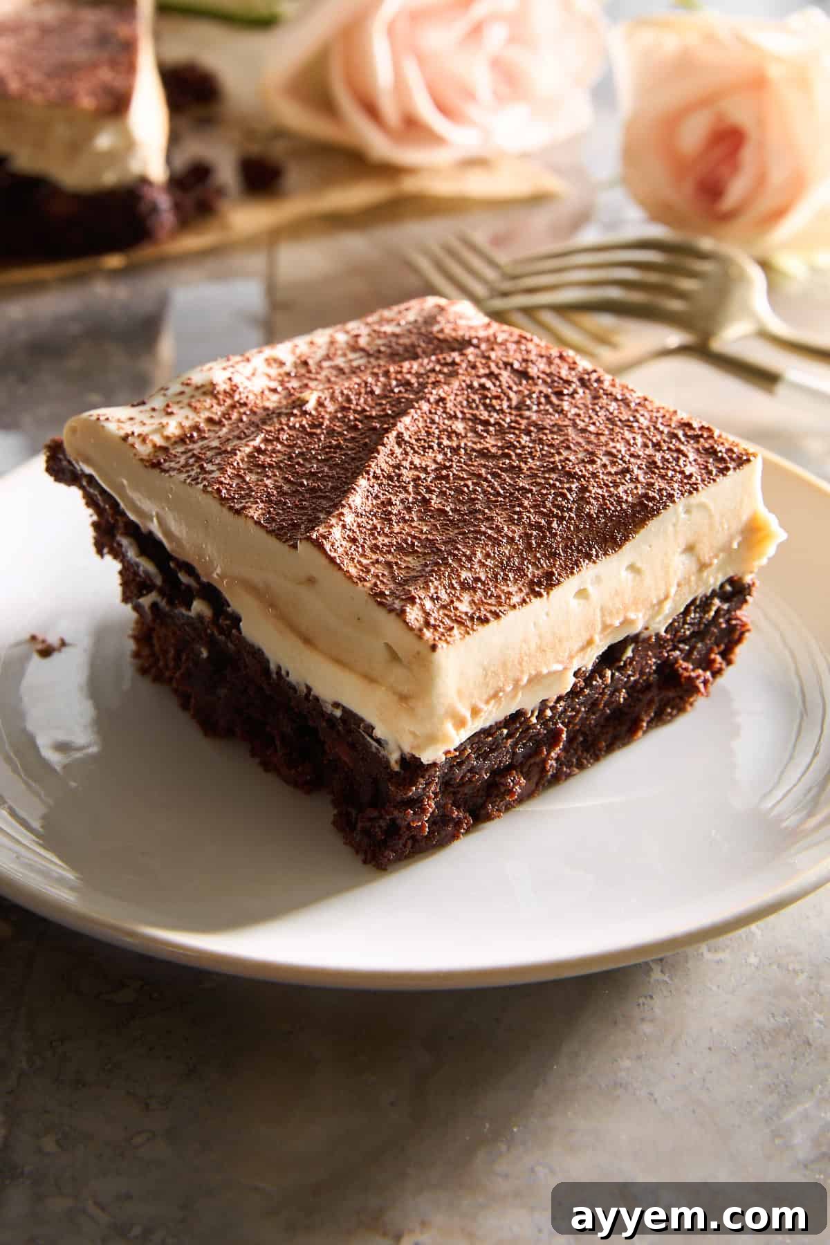 A single Tiramisu Brownie slice on a white plate, showcasing its beautiful layers of espresso-infused brownie and creamy mascarpone, with a dusting of cocoa powder.