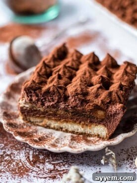A slice of easy chocolate tiramisu on a plate.
