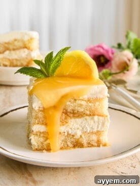 A slice of lemon tiramisu topped with lemon curd on a white plate.
