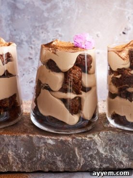 Three tiramisu brownie parfaits.