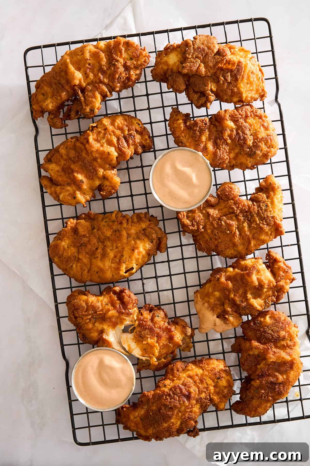 A cooling rack holds several pieces of crispy fried chicken tenders, accompanied by three small cups of creamy dipping sauce. The setup is on a light surface, giving a fresh, appetizing appearance.