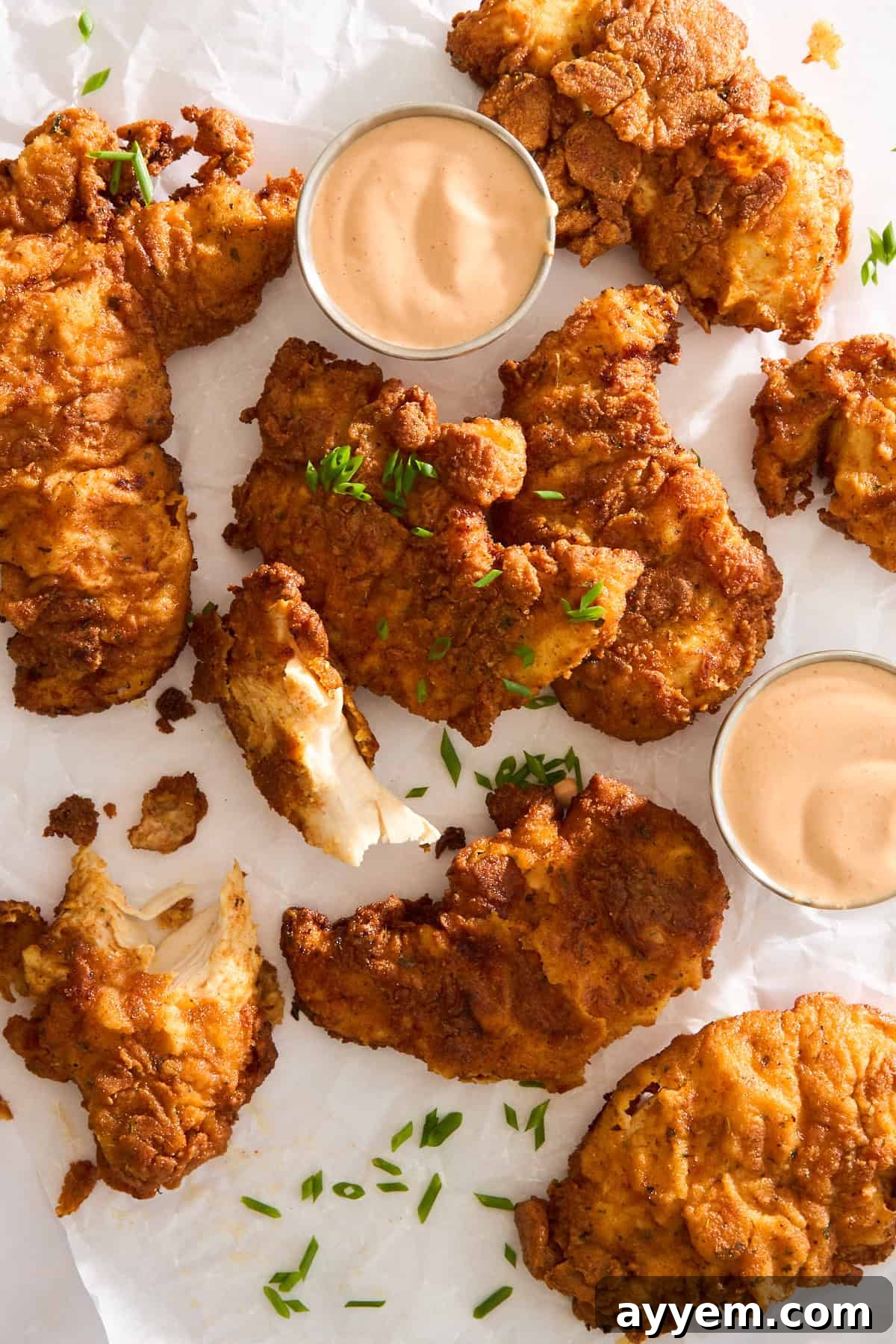 Crispy fried chicken tenders arranged on parchment paper with two ramekins of dipping sauce and a sprinkle of chopped chives.