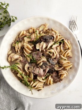 A bowl of slow cooker beef stroganoff.