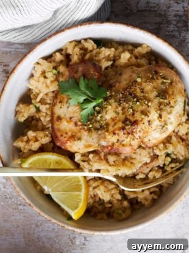 A bowl of Greek chicken and rice with a fork.
