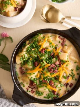 A bowl of cheesy potato soup topped with bacon, chives, and cheese.