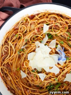A large pot brimming with one-pot spaghetti and ground beef, generously topped with Parmesan cheese.