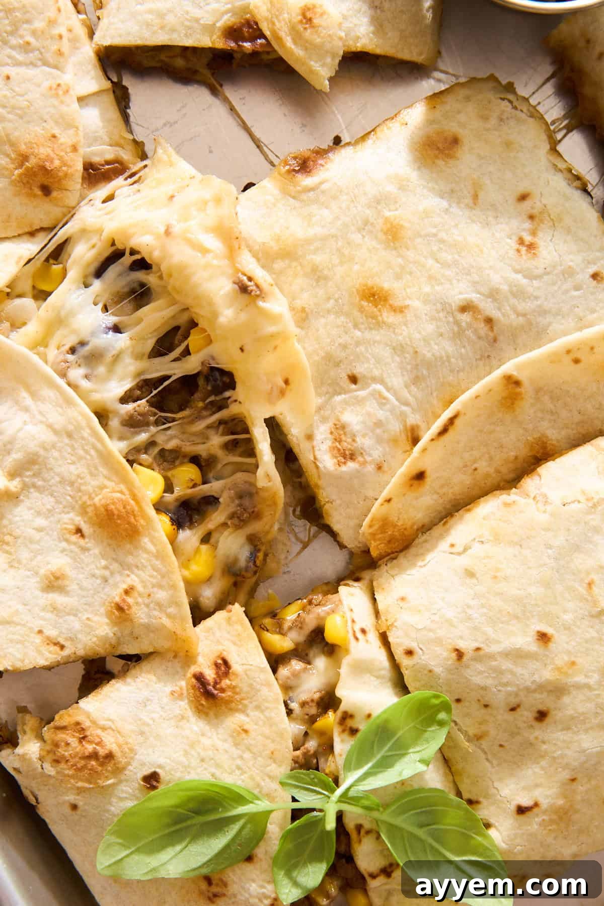 A close-up of beautifully sliced quesadillas with melted cheese, corn, and beef filling on a baking tray, garnished with fresh basil leaves. One slice is being pulled from the tray, showcasing the irresistible gooey cheese pull.