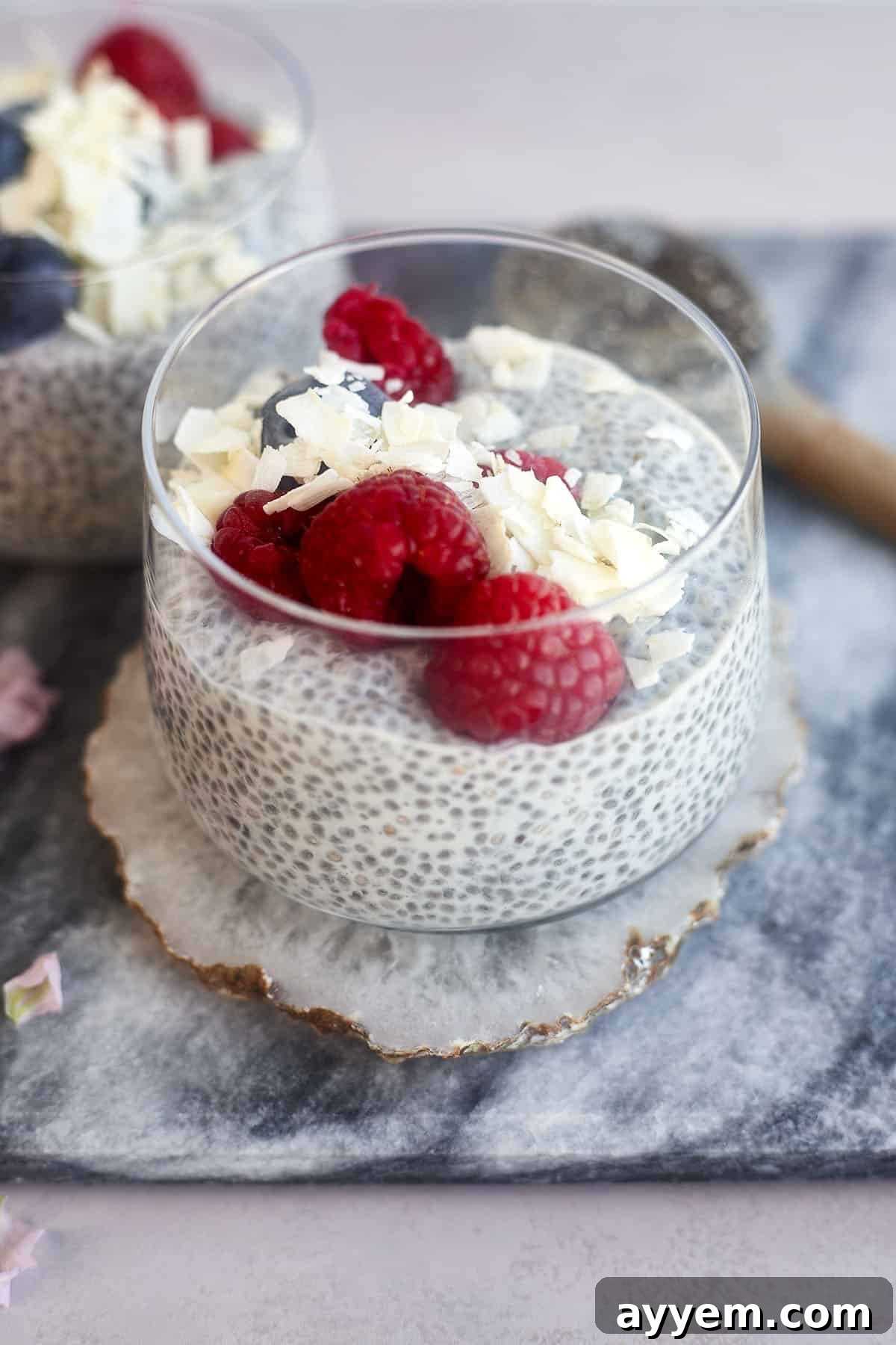 A jar of creamy coconut chia pudding, garnished with fresh raspberries and coconut flakes – a light, healthy, and refreshing Suhoor option.
