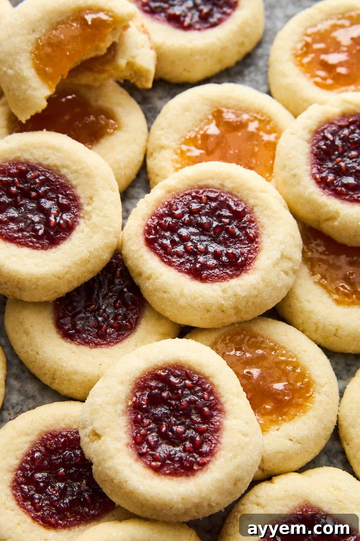 Jam thumbprint cookies with raspberry and apricot jam.
