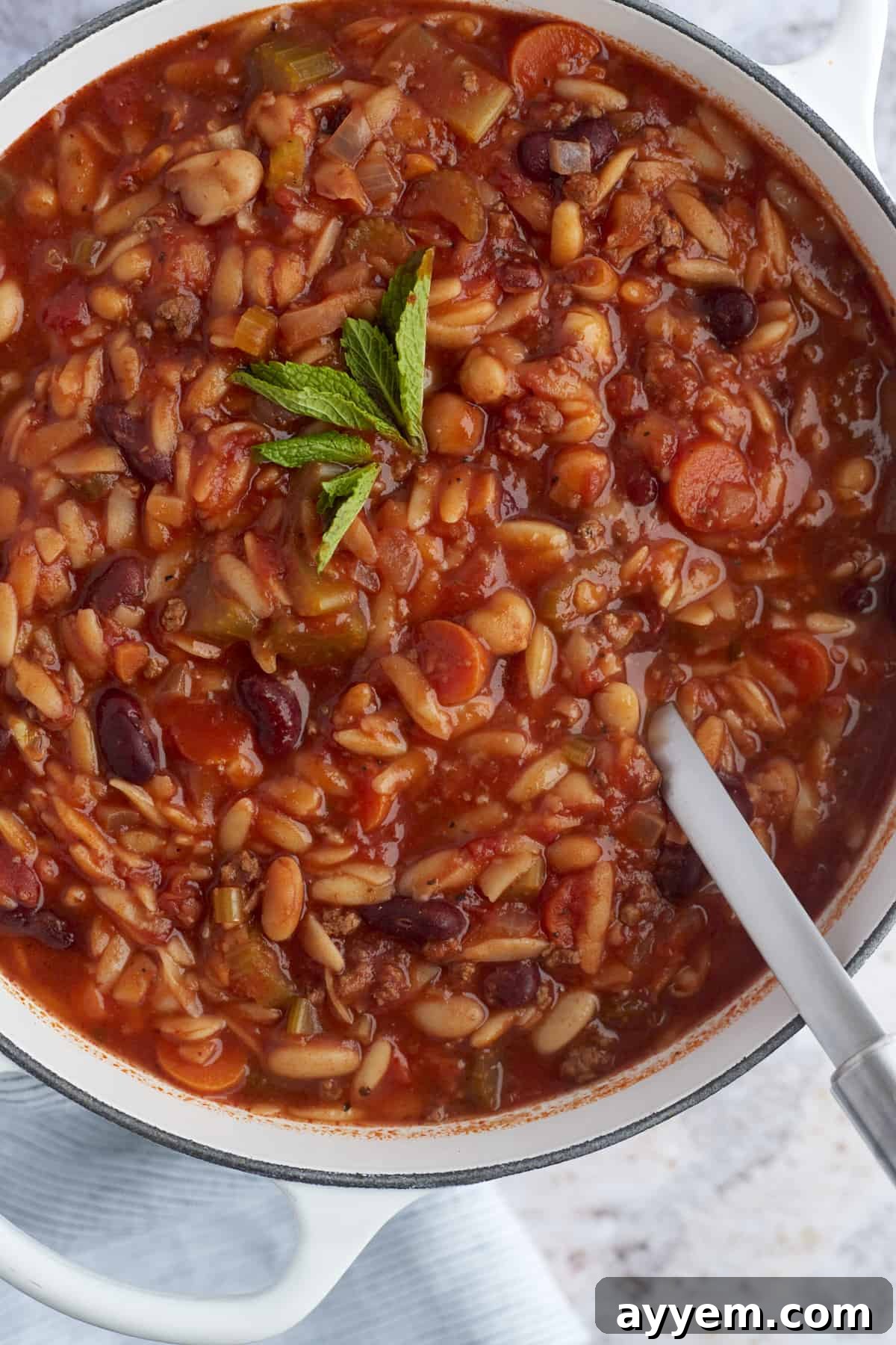 a pot full of pasta e fagioli with a ladle sticking out