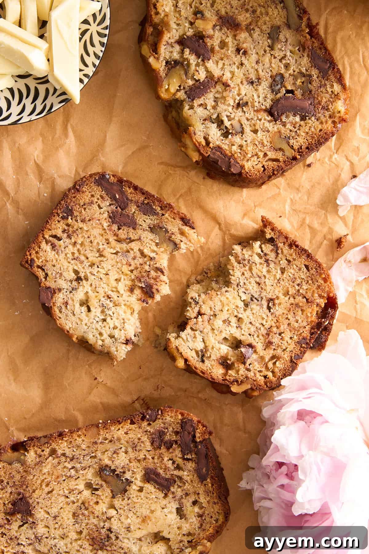 Banana bread with chocolate and walnuts